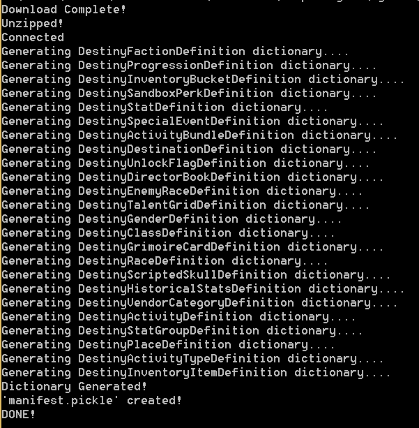 Output of the script used to download the Destiny Manifest.